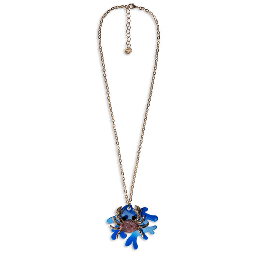 Collana lunga a catena con pendente a granchio in acrilico tono blu