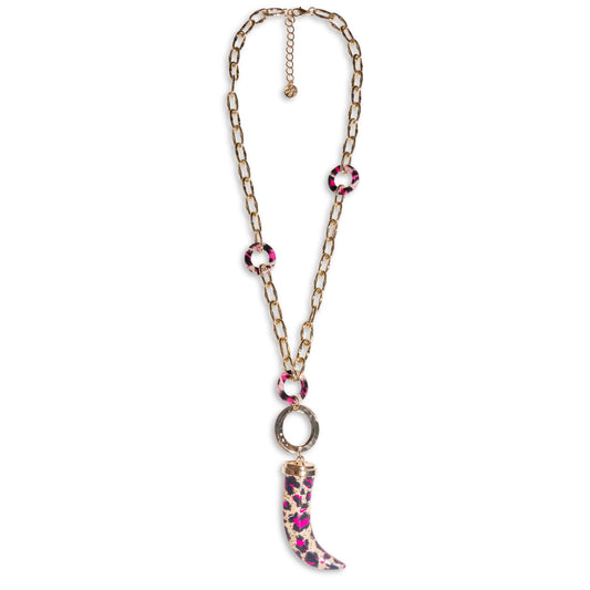 Collana lunga a catena con pendente corno in resina maculata tono fucsia - Mya Accessories