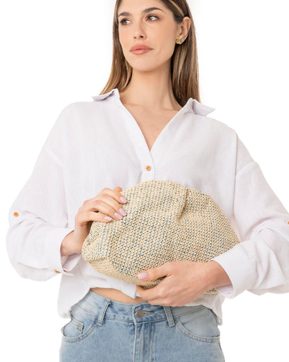 Borsa clutch tessuto in paglia beige con fondo blu
