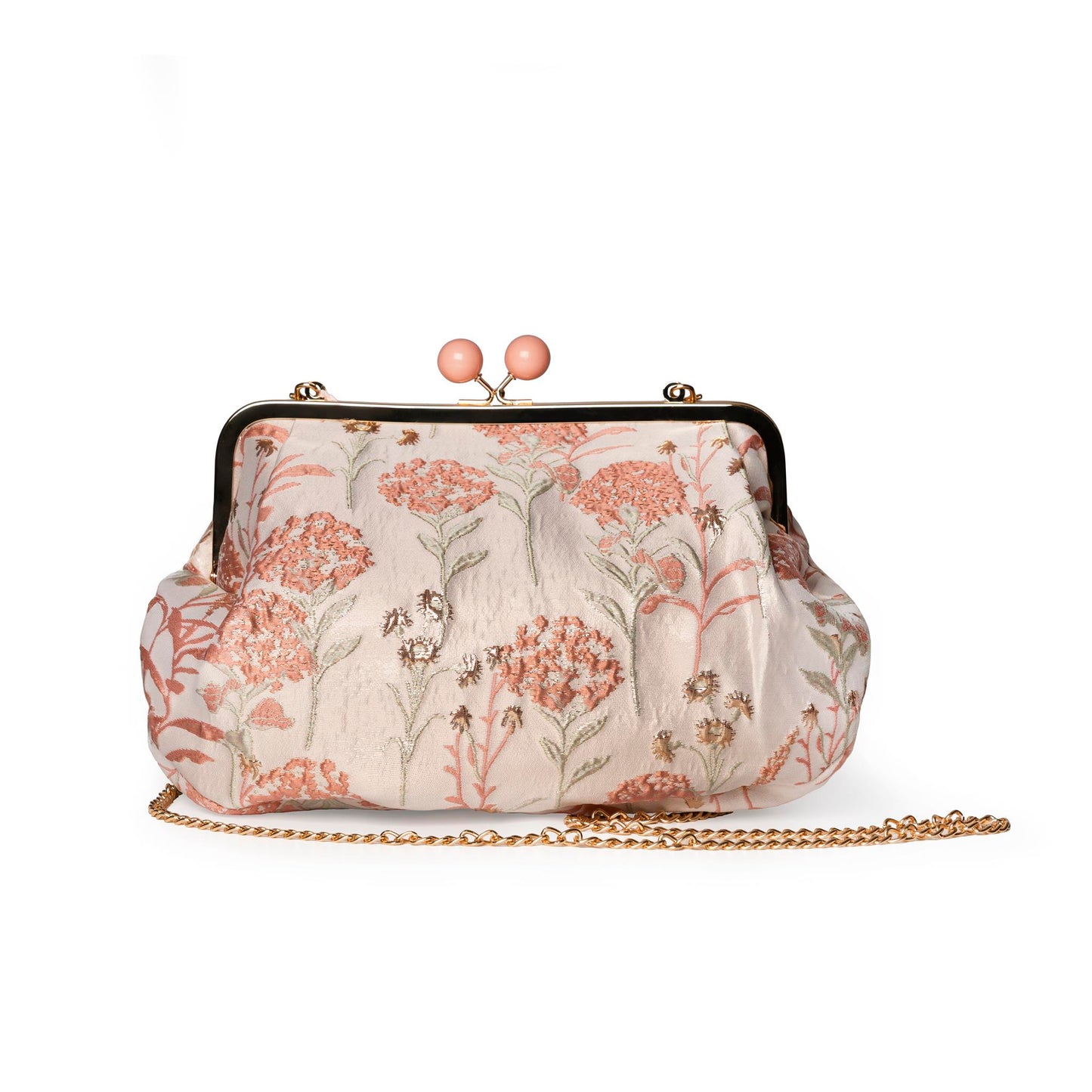 Borsa clutch clic clac con fondo beige e texture a fiori rosa