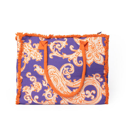 Borsa mare in cotone con stampa viola ed arancio