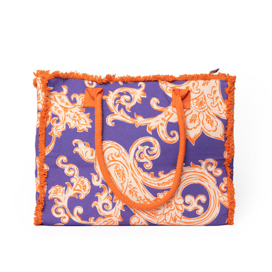 Borsa mare in cotone con stampa viola ed arancio