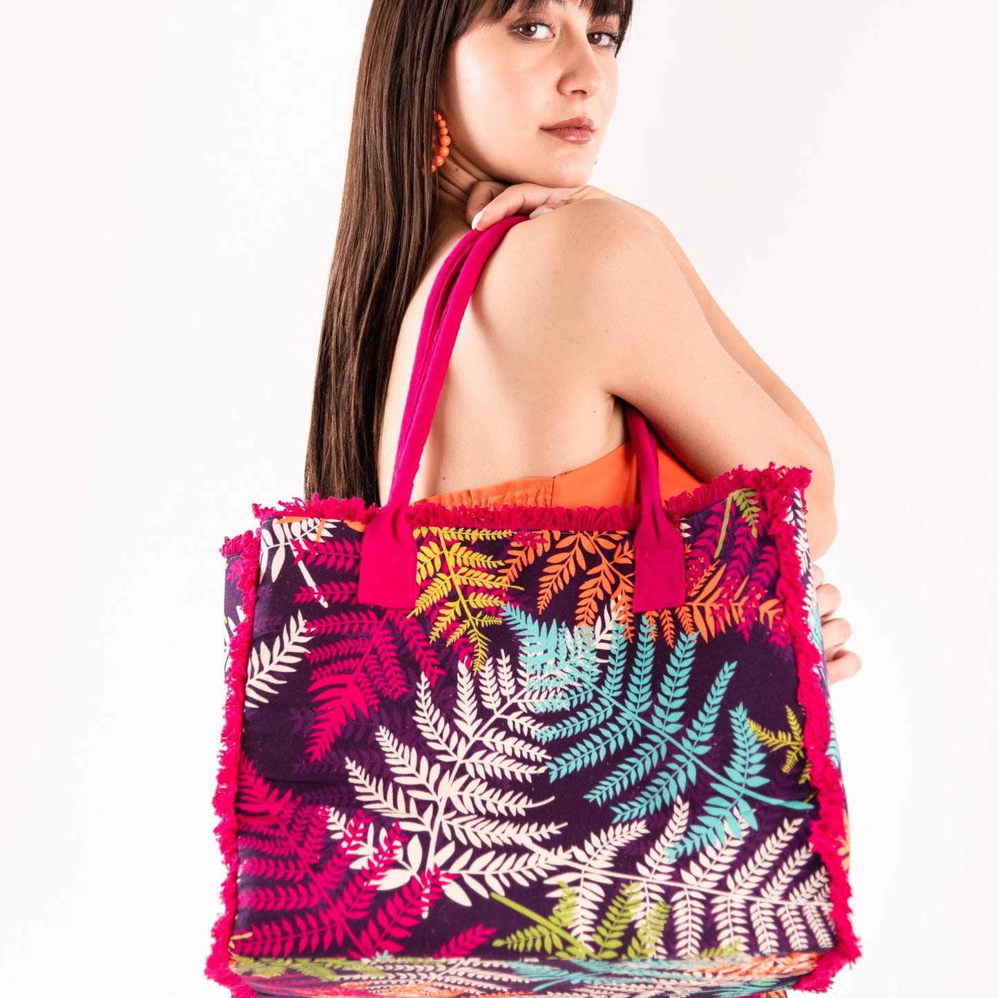 Borsa mare in cotone con stampa a foglie multicolore