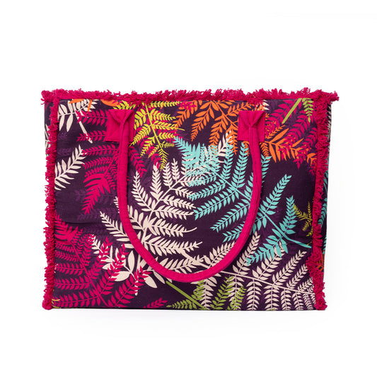 Borsa mare in cotone con stampa a foglie multicolore