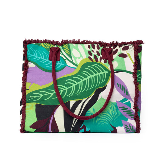 Borsa mare in cotone con stampa a foglie verdi e marrone