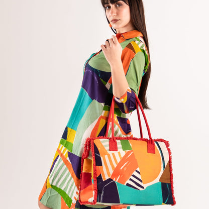 Borsa mare in cotone con stampa multicolore