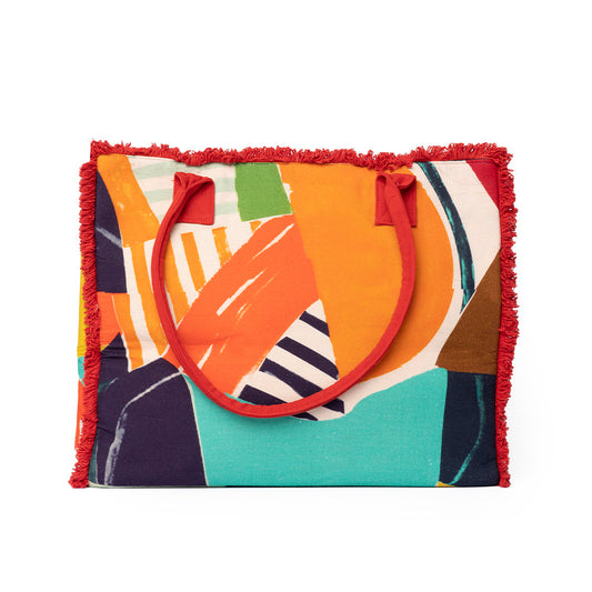 Borsa mare in cotone con stampa multicolore