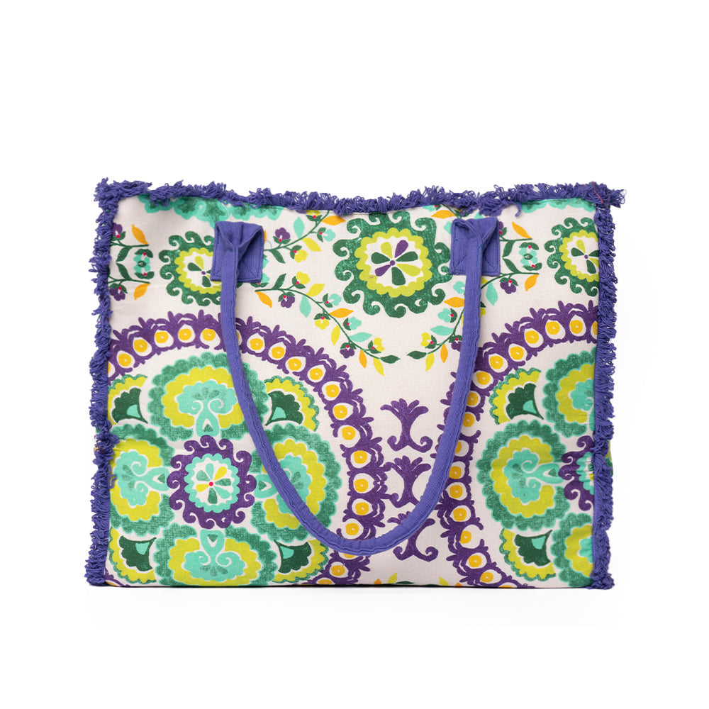 Borsa mare in cotone con stampa a fiori viola e verde