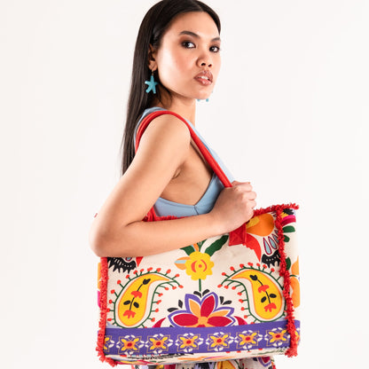 Borsa mare in cotone con stampa multicolore