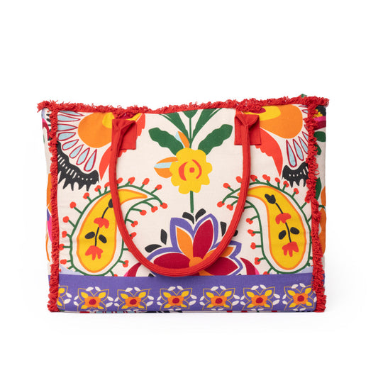 Borsa mare in cotone con stampa multicolore