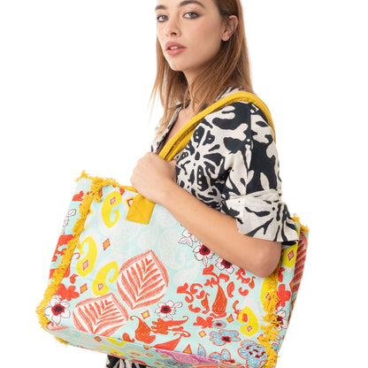 Borsa mare in cotone con stampa astratta a fiori gialla e celeste
