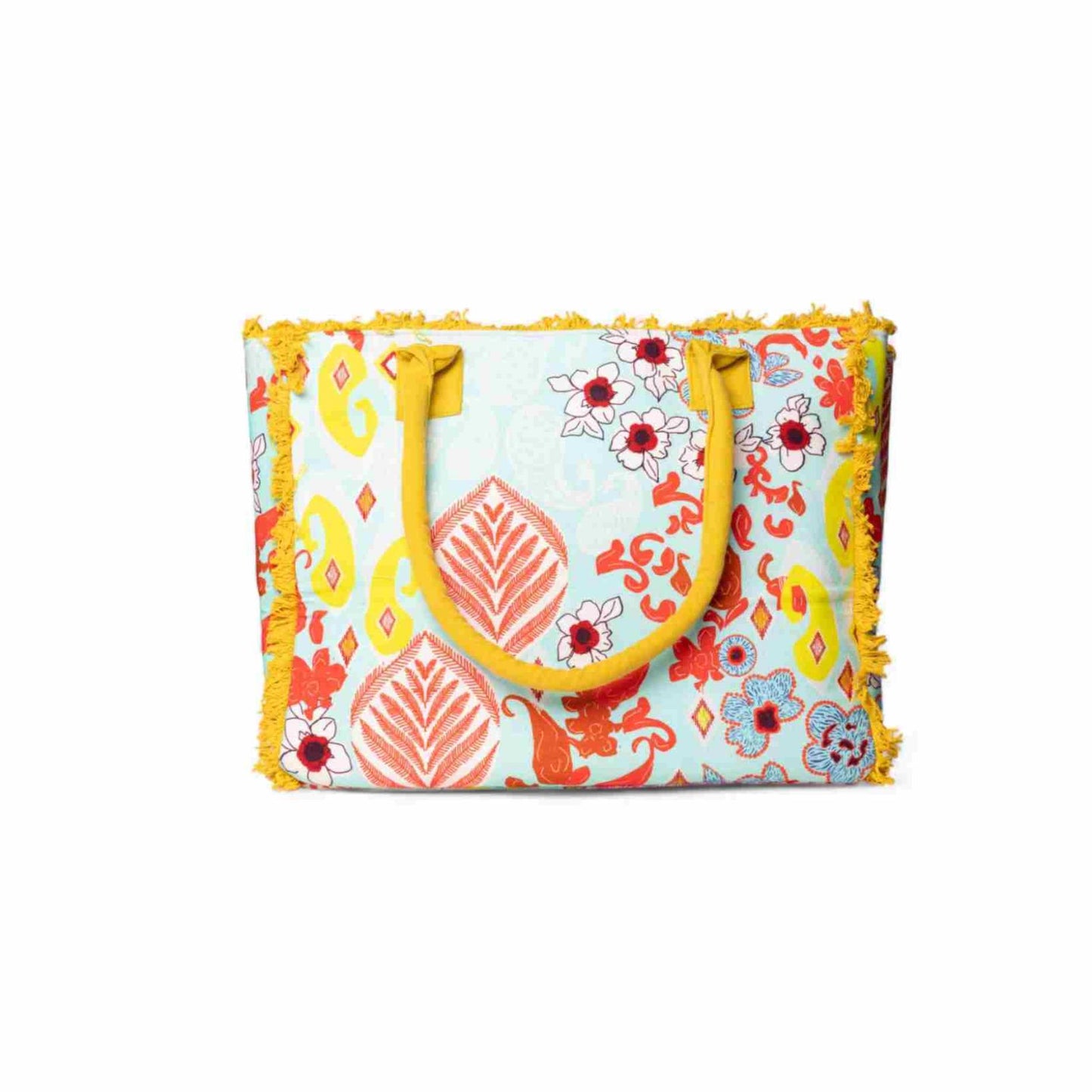 Borsa mare in cotone con stampa astratta a fiori gialla e celeste