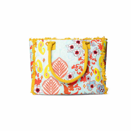 Borsa mare in cotone con stampa astratta a fiori gialla e celeste