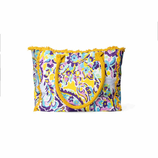 Borsa mare in cotone con stampa floreale viola e gialla