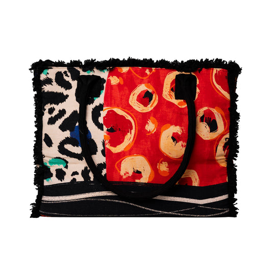 Borsa mare in cotone con stampa animalier multicolore