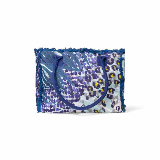 Borsa mare in cotone con stampa animalier blu e viola