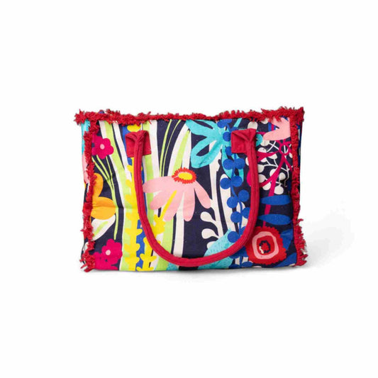 Borsa mare in cotone con stampa con motivo floreale multicolore