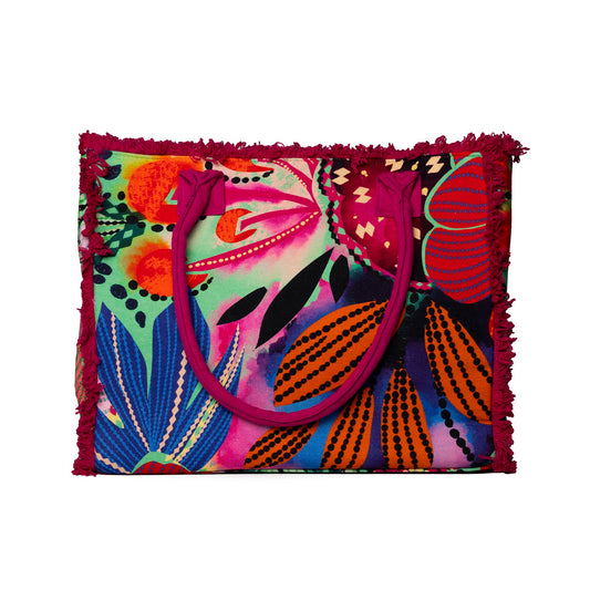 Borsa mare in cotone con stampa a fiori multicolore