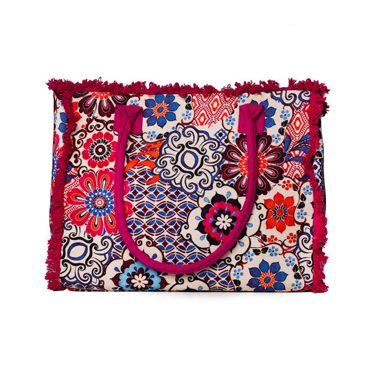 Borsa mare in cotone con stampa floreale multicolore