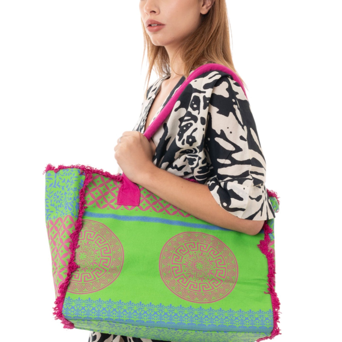 Borsa mare in cotone con stampa verde e fucsia