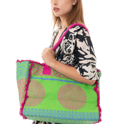 Borsa mare in cotone con stampa verde e fucsia