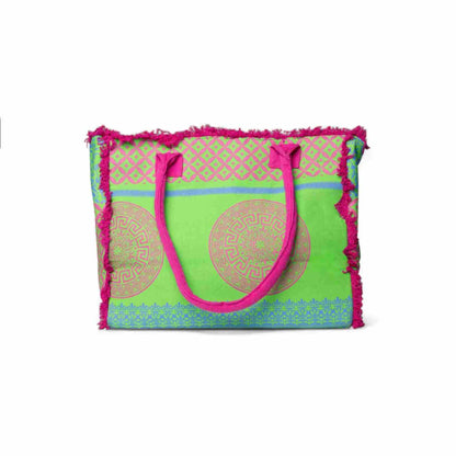 Borsa mare in cotone con stampa verde e fucsia