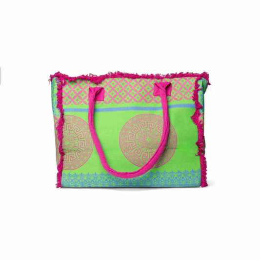 Borsa mare in cotone con stampa verde e fucsia