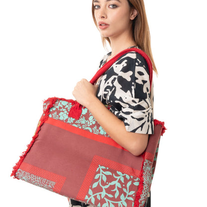 Borsa mare in cotone con stampa astratta a fiori rossa e celeste