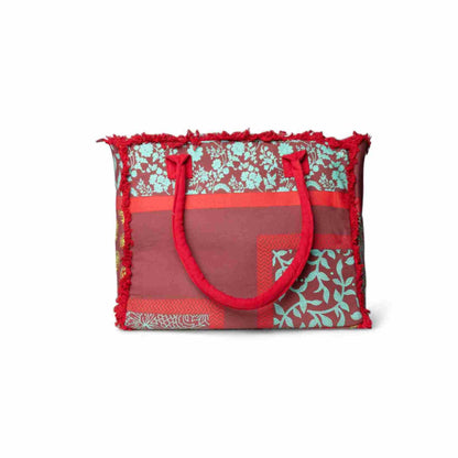 Borsa mare in cotone con stampa astratta a fiori rossa e celeste