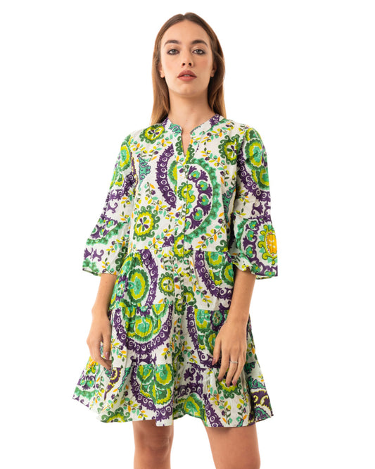 Vestito corto con stampa viola e verde