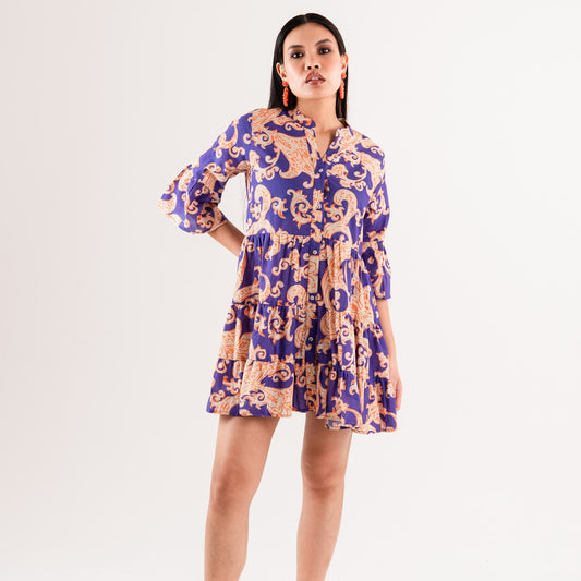 Vestito corto con stampa viola ed arancio