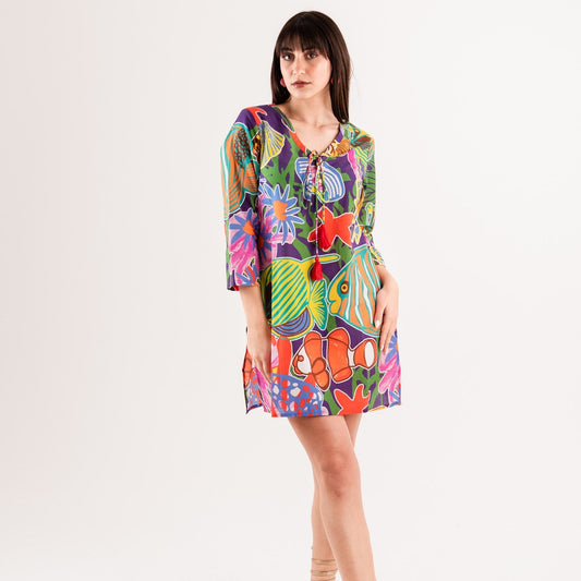 Vestito corto con stampa marina multicolore