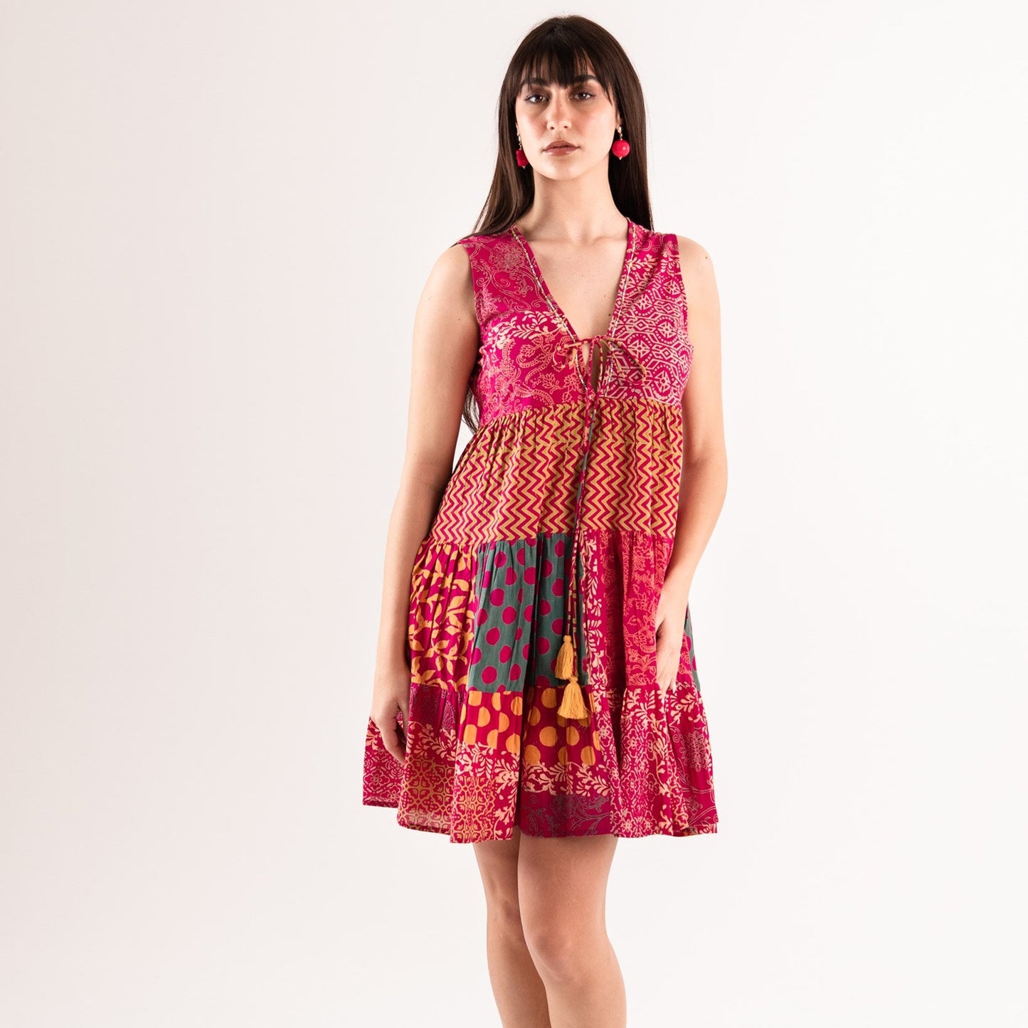 Vestito corto giro maniche con stampa tono arancio e fucsia