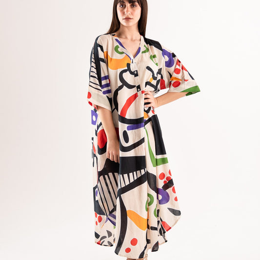 Vestito lungo a camicione in cotone con stampa multicolore