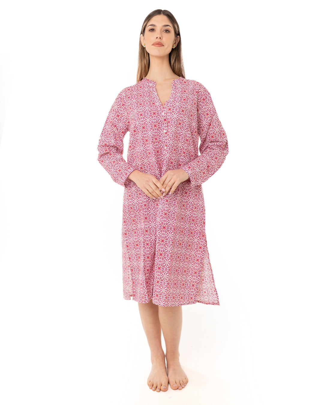 Vestito a camicia in cotone con stampa a fiori fucsia