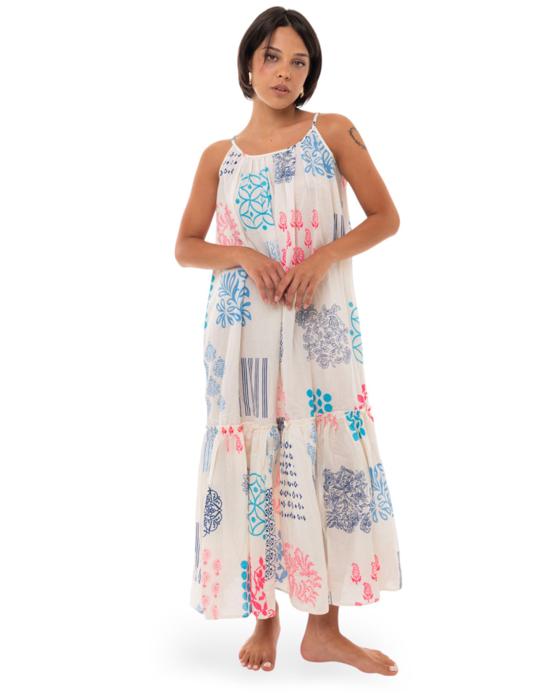 Vestito lungo bianco cotone a bretelle con stampa multicolore