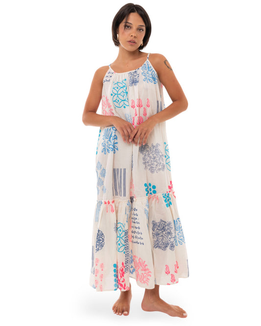 Vestito lungo bianco cotone a bretelle con stampa multicolore