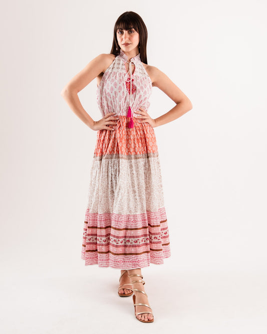 Vestito in cotone lungo bianco a giro maniche con stampa tono rosso