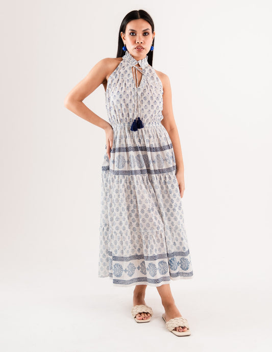 Vestito in cotone lungo bianco a giro maniche con stampa tono blu