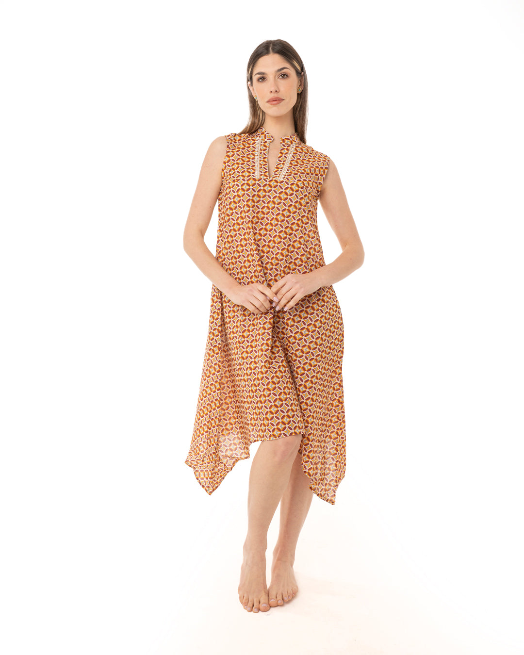 Vestito in cotone giro maniche con stampa geometrica arancio