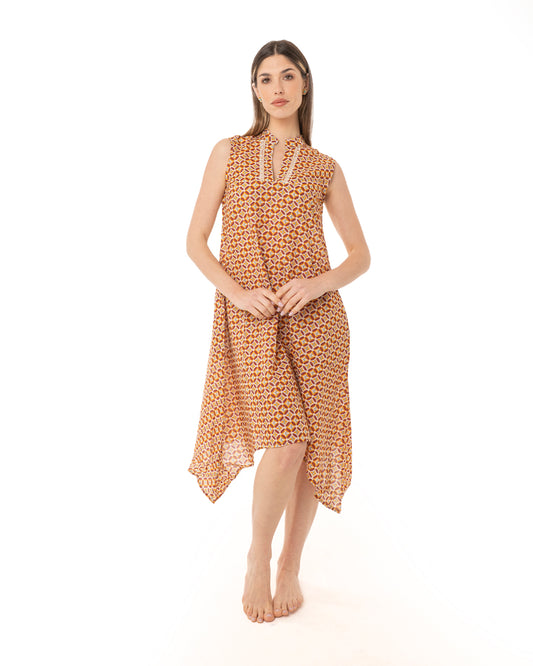 Vestito in cotone giro maniche con stampa geometrica arancio