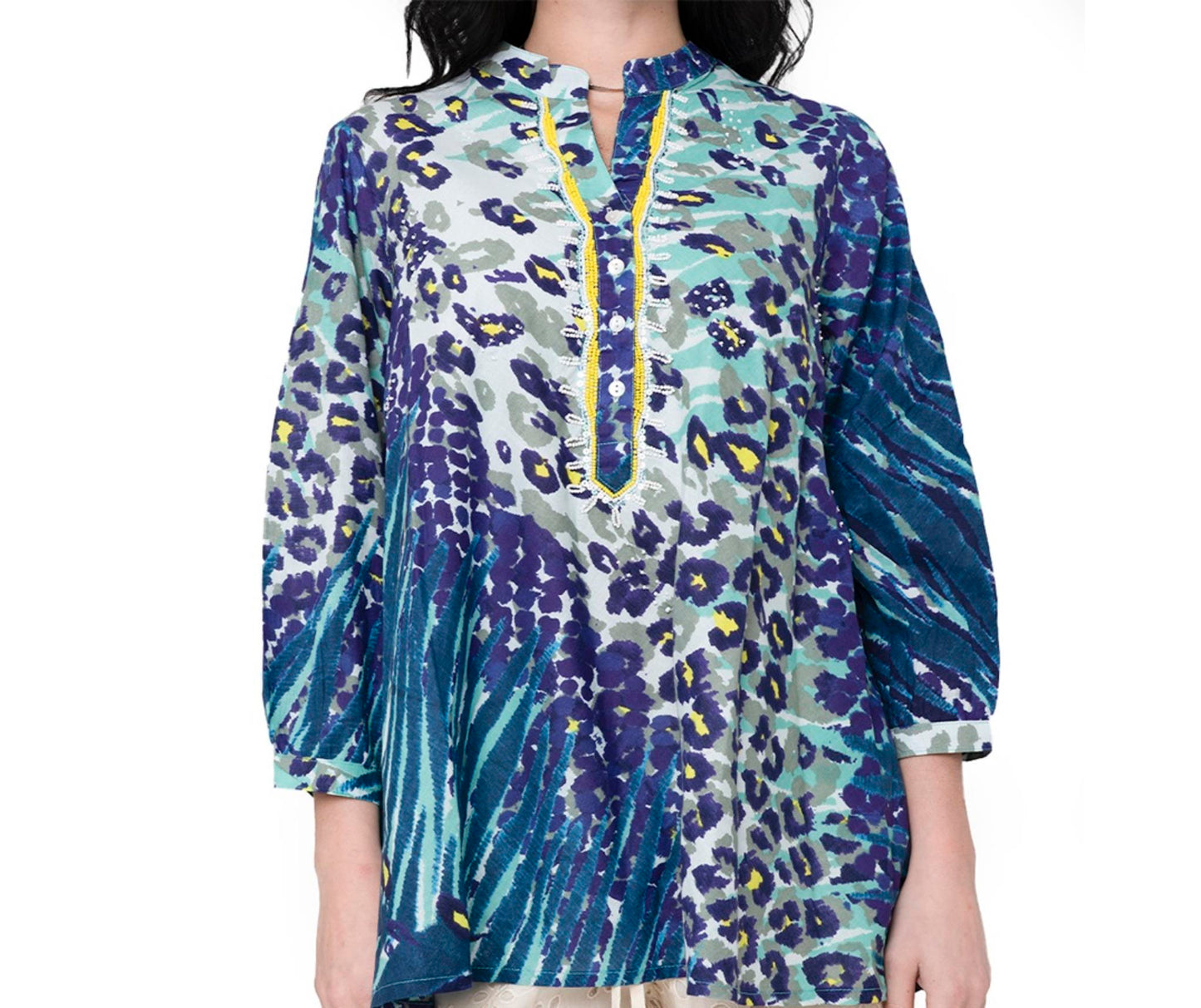 Camicia in cotone con stampa animalier tono blu