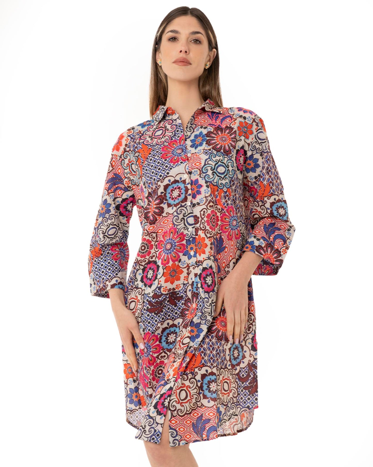 Vestito camicione in cotone stampa floreale multicolore