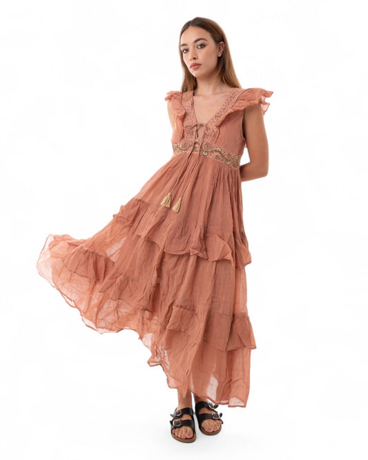 Vestito lungo a giro maniche morbido con volant in cotone rosa pesca