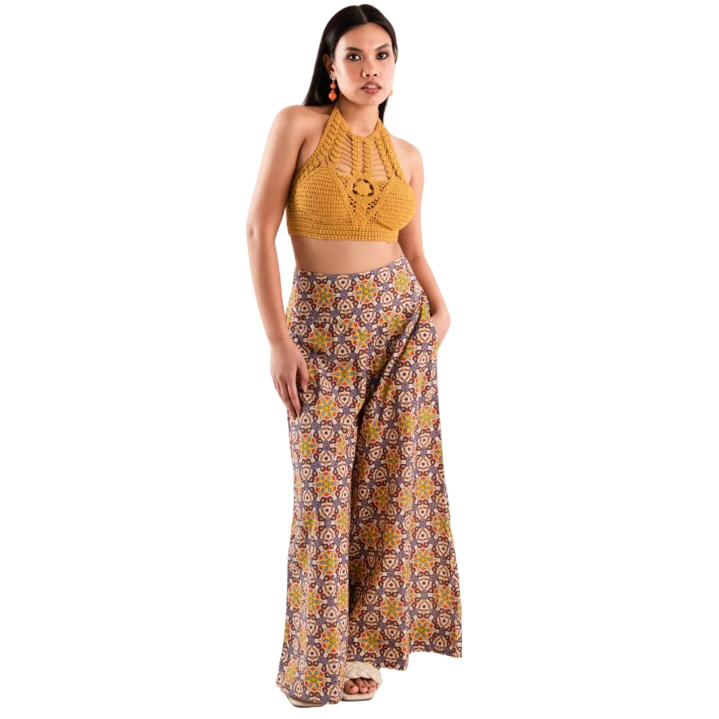 Pantalone in cotone con stampa a fiore geometrico multicolore