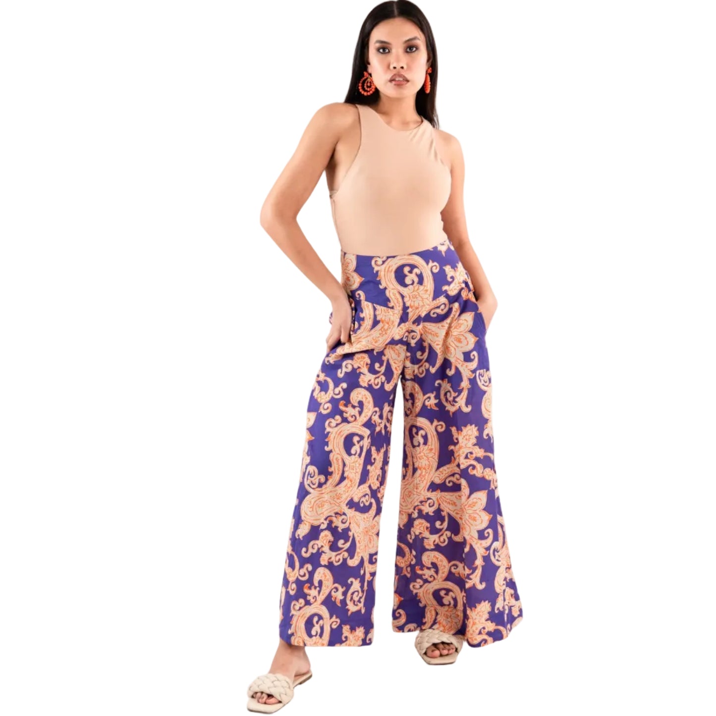 Pantalone in cotone con stampa viola ed arancio