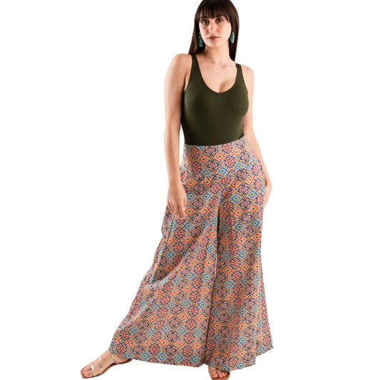 Pantalone in cotone con stampa geometrica tono arancio e celeste