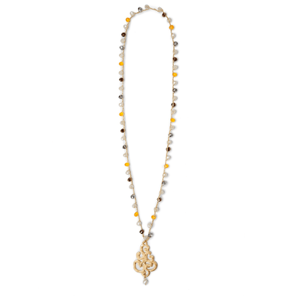 Collana lunga con microcristalli giallo e beige con pendente - Mya Accessories