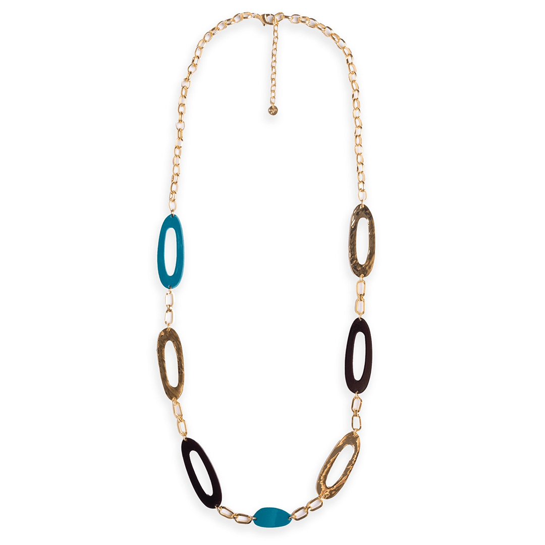 Collana lunga a catena con inserti ovali traforati in acrilico multi blu - Mya Accessories