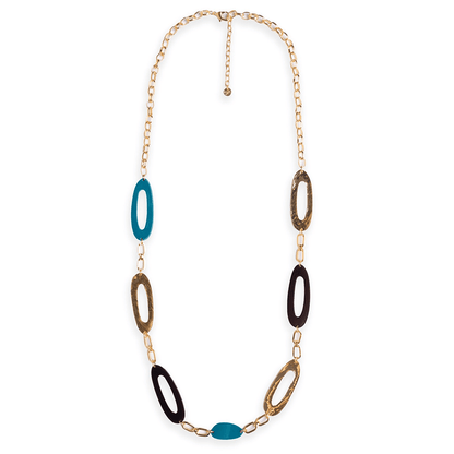 Collana lunga a catena con inserti ovali traforati in acrilico multi blu - Mya Accessories